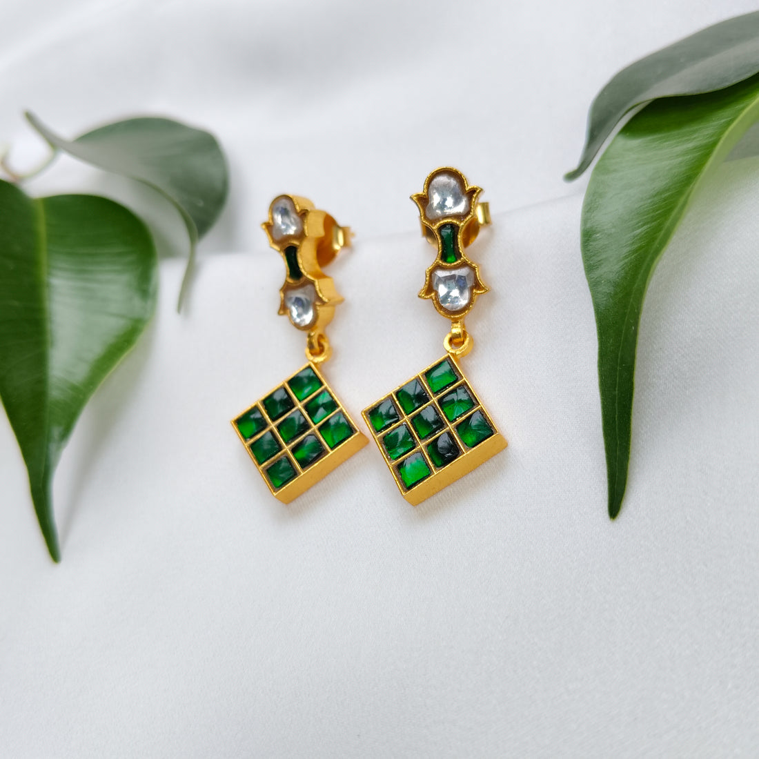 Emerald Mosaic Gold Drop Earrings