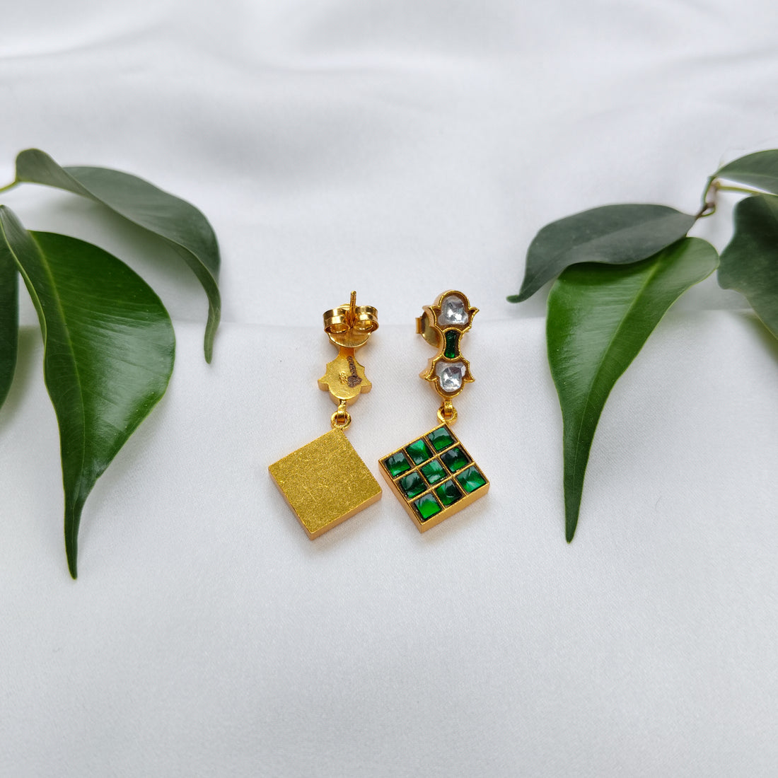 Emerald Mosaic Gold Drop Earrings