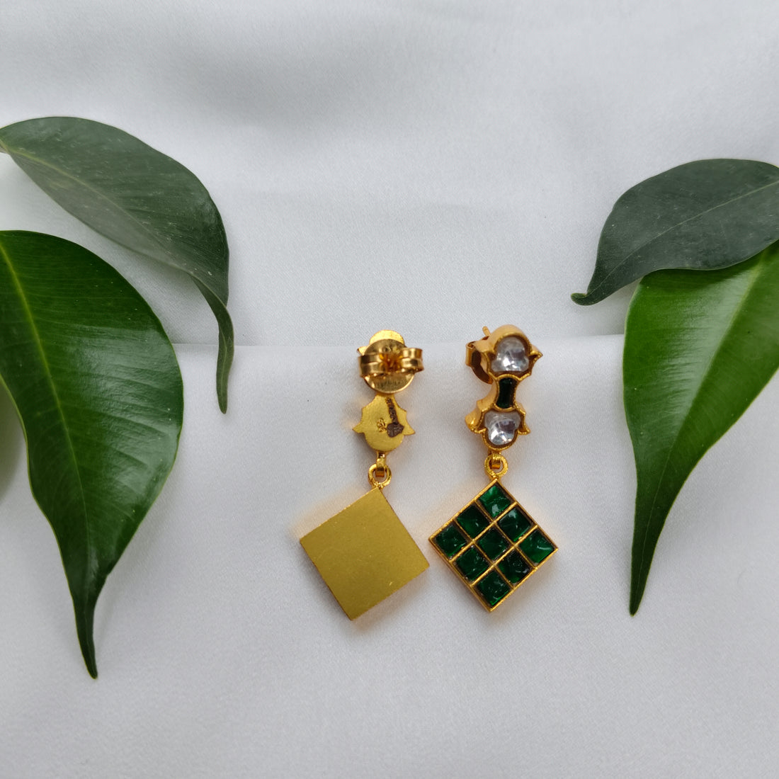 Emerald Mosaic Gold Drop Earrings