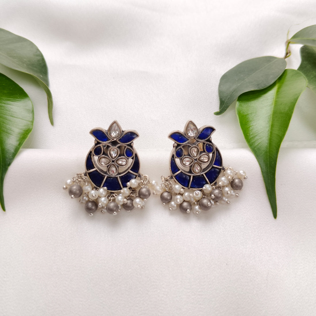 Moonlit Sapphire Silver Chandbali Earrings