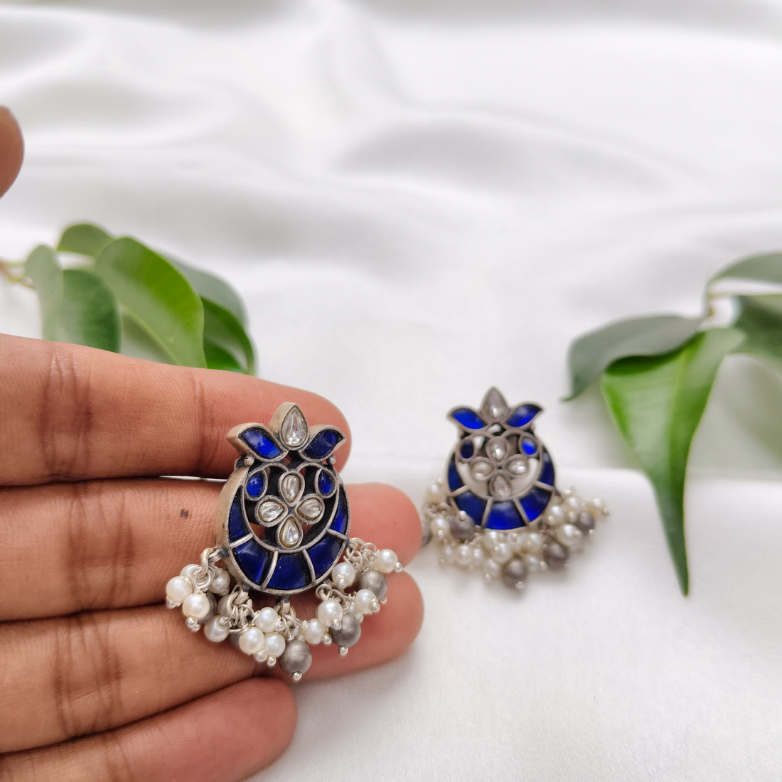 Moonlit Sapphire Silver Chandbali Earrings