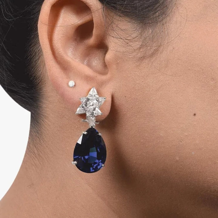 Pear Shaped Blue Sapphire With Diamond Cluster Drop Earrings