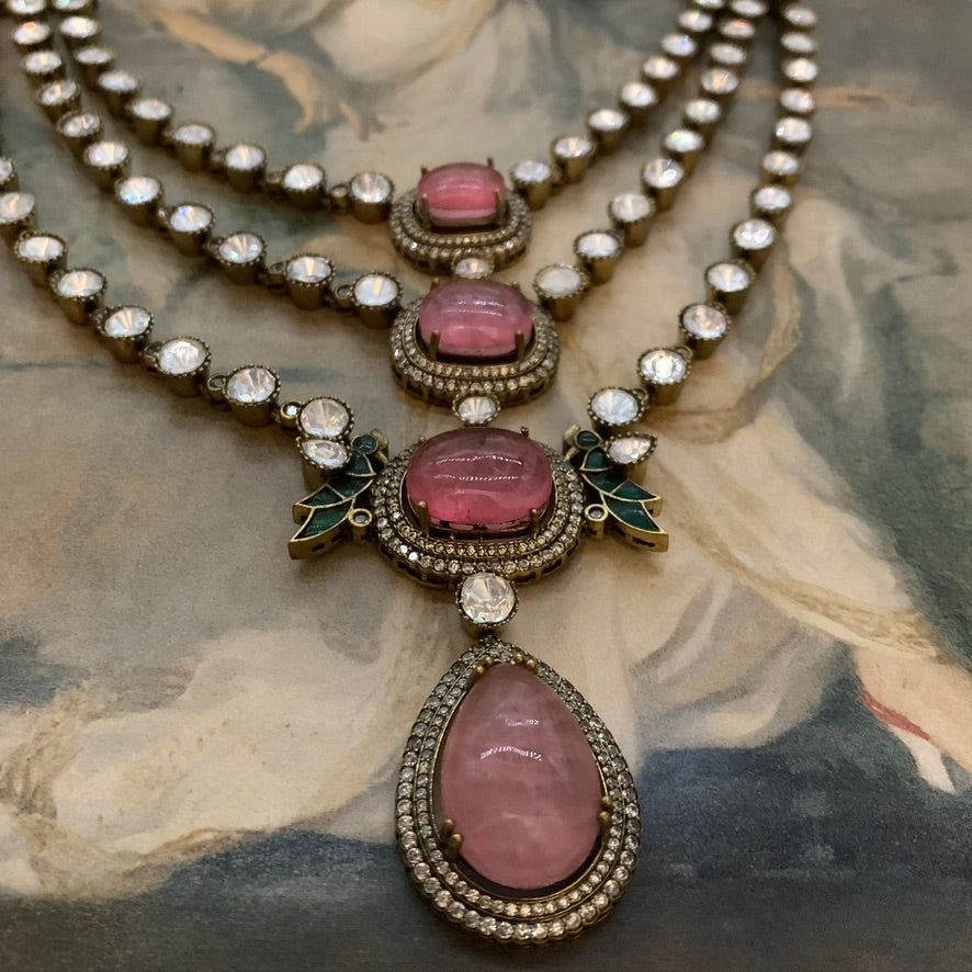 Gilded Grandeur Three Layer Pink Necklace