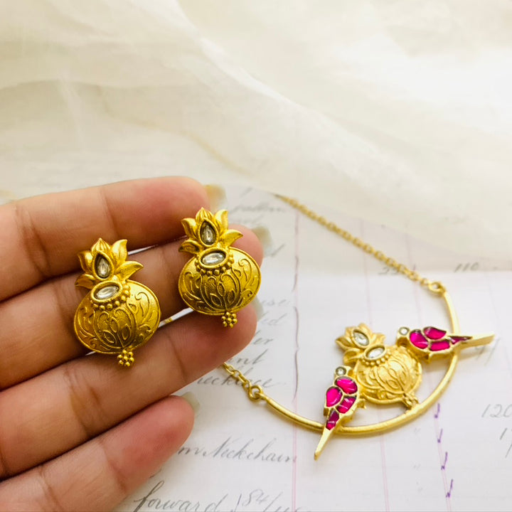 Pink Pakshi Handi Necklace with Earrings