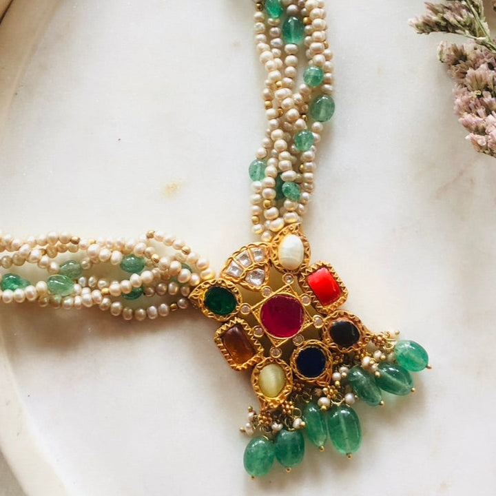 Navaratna Green Drop Pearl Choker with Earrings