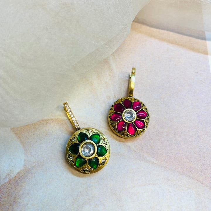 Double Side Green and Pink Floral Drop Earrings