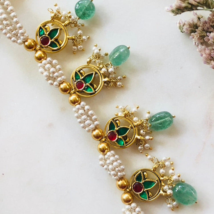 Green Drop Peacock Pearl Mala Necklace