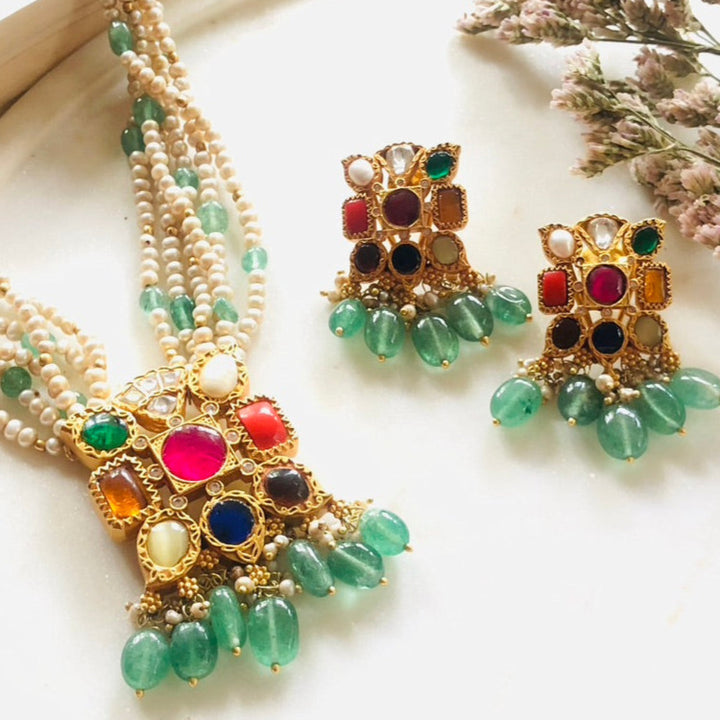 Navaratna Green Drop Pearl Choker with Earrings