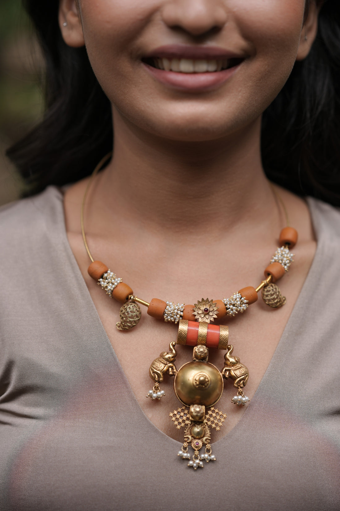 Coral and Silver Statement Necklace