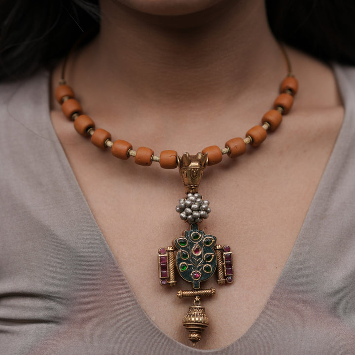 Ethnic Coral and Silver Pendant Necklace