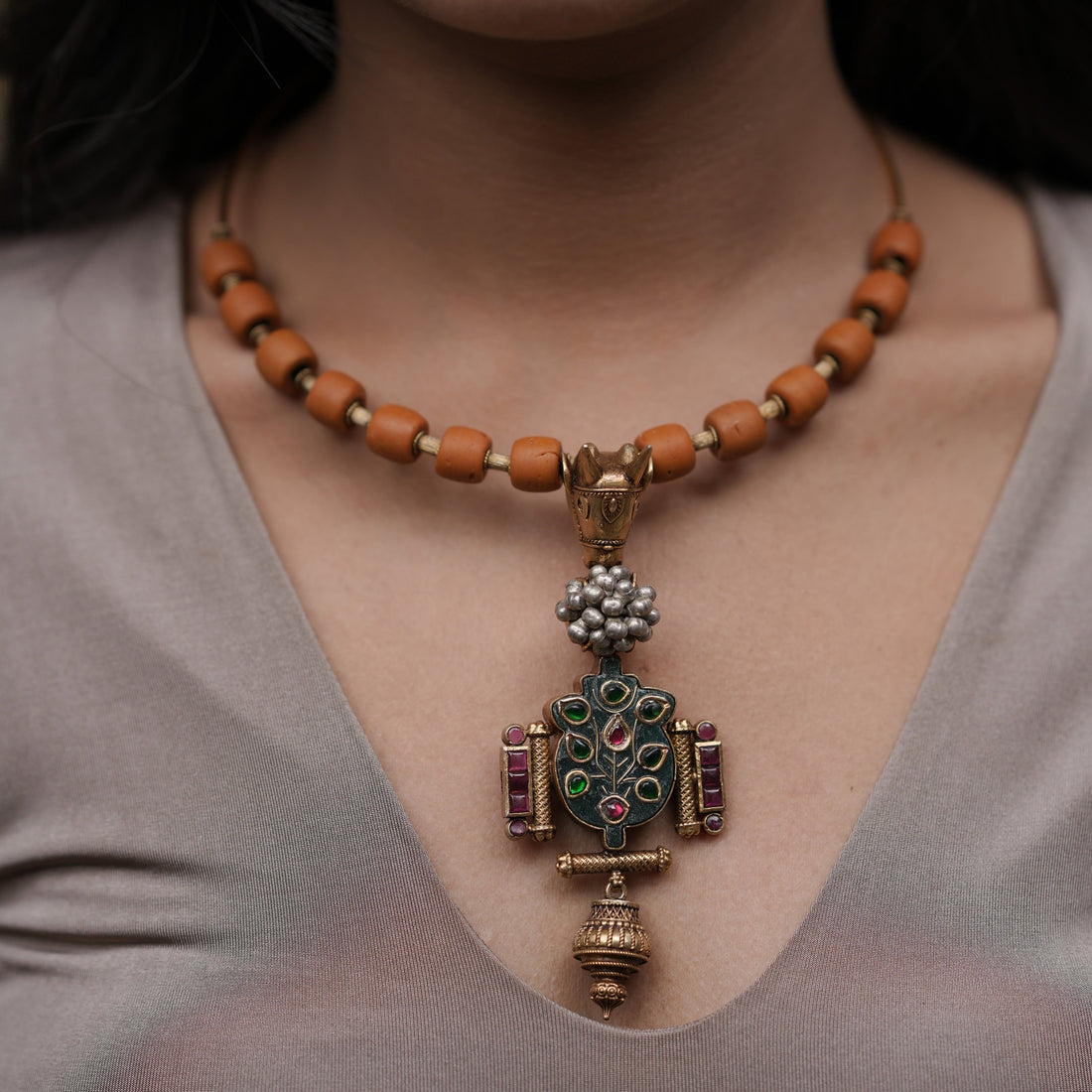 Ethnic Coral and Silver Pendant Necklace