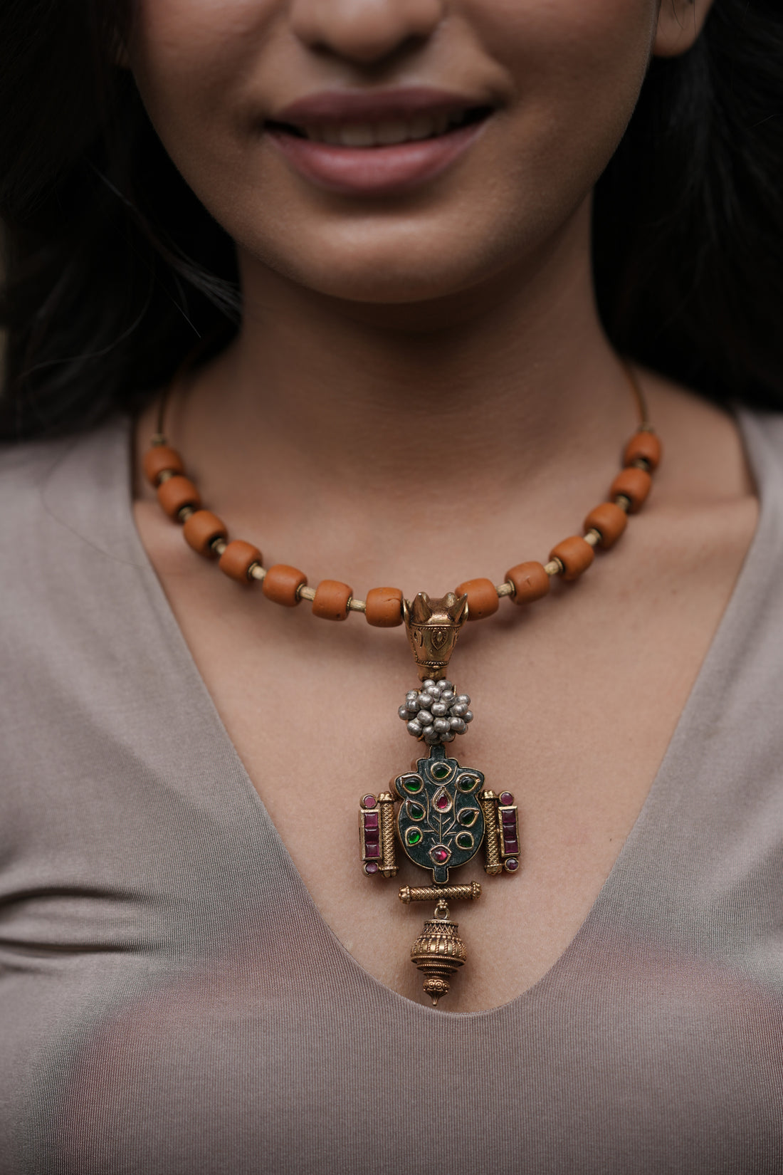 Ethnic Coral and Silver Pendant Necklace