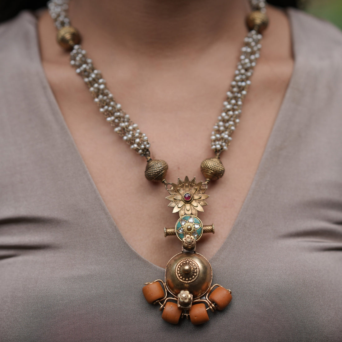 Bohemian Silver and Pearl Bead Necklace