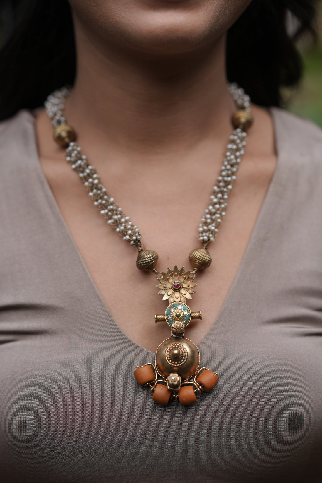 Bohemian Silver and Pearl Bead Necklace