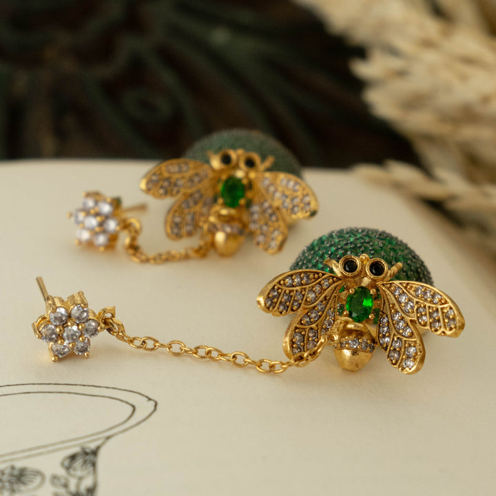 Green Ball Honey bee Dangler Earrings