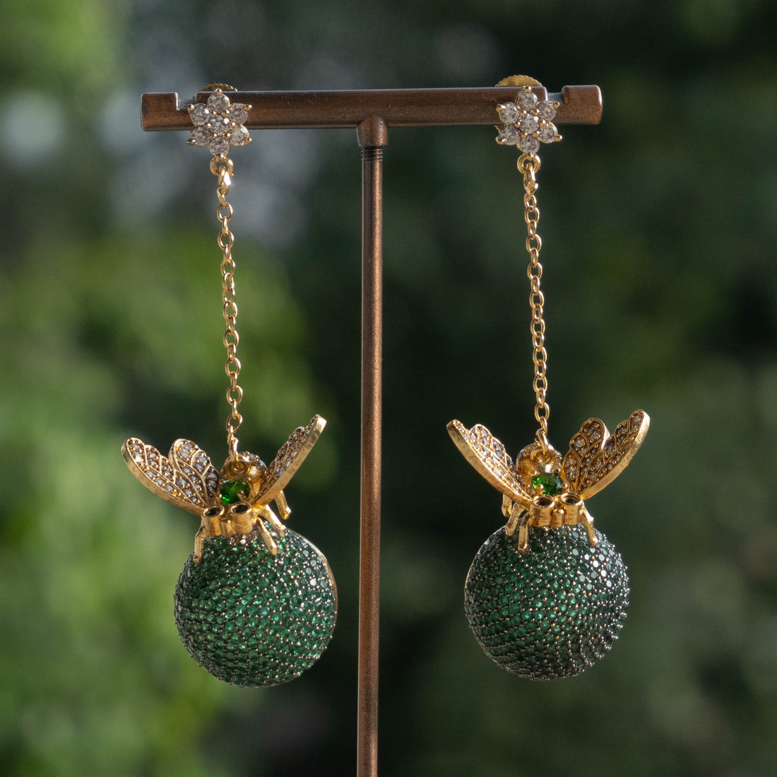 Green Ball Honey bee Dangler Earrings