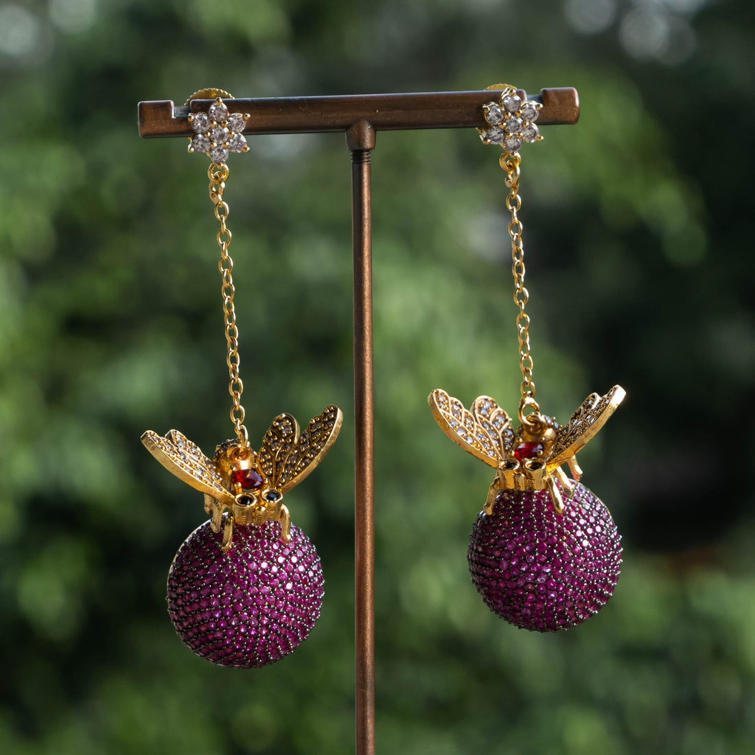 Pink Ball Honey bee Dangler Earrings