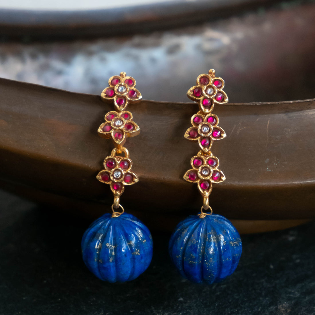 Three Floral Blue Pumpkin Earrings