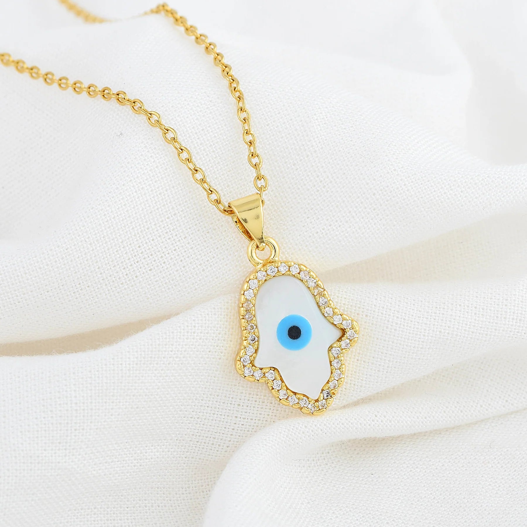 Hamsa Good Fortune Blue & Gold Chain Necklace | Ebru Jewelry