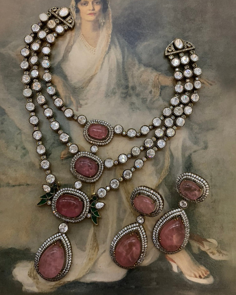 Gilded Grandeur Three Layer Pink Necklace