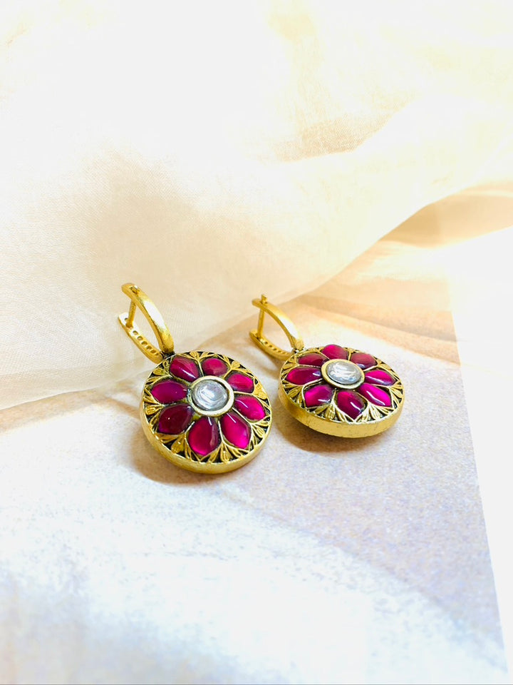 Double Side Green and Pink Floral Drop Earrings