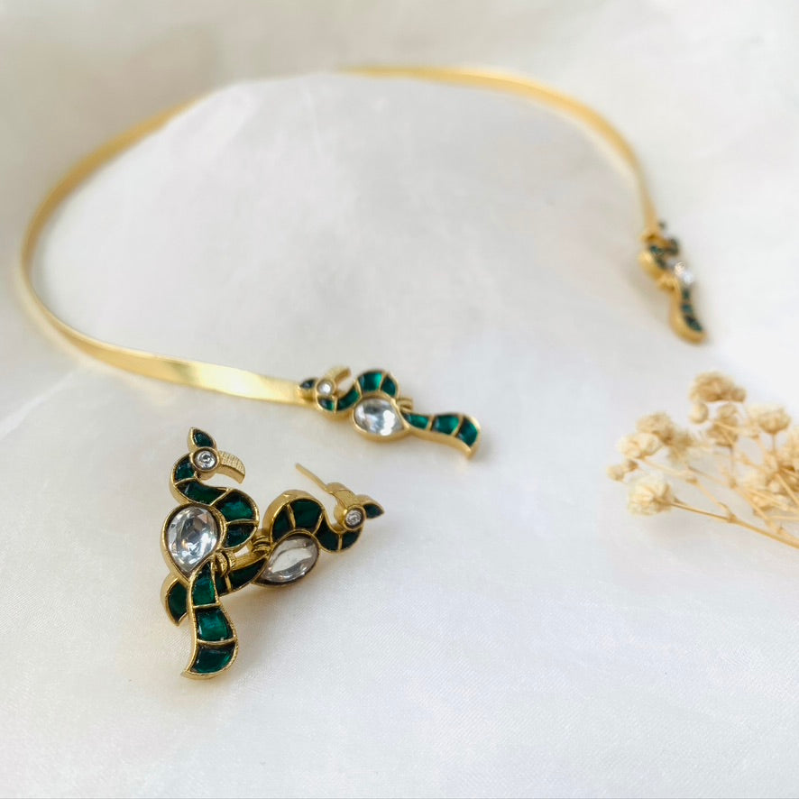 Green Peacock Collar Hansli with Earrings