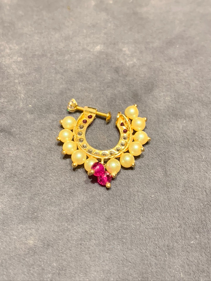 Pearl Lcae with Ruby drop Gold Diamond Nath