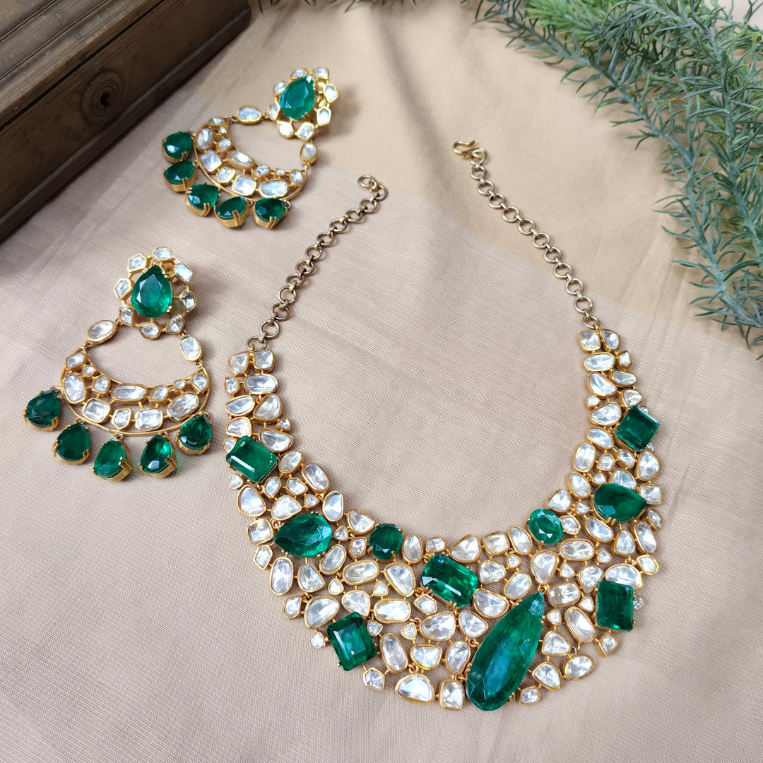 Emerald Kundan Majesty Silver Necklace