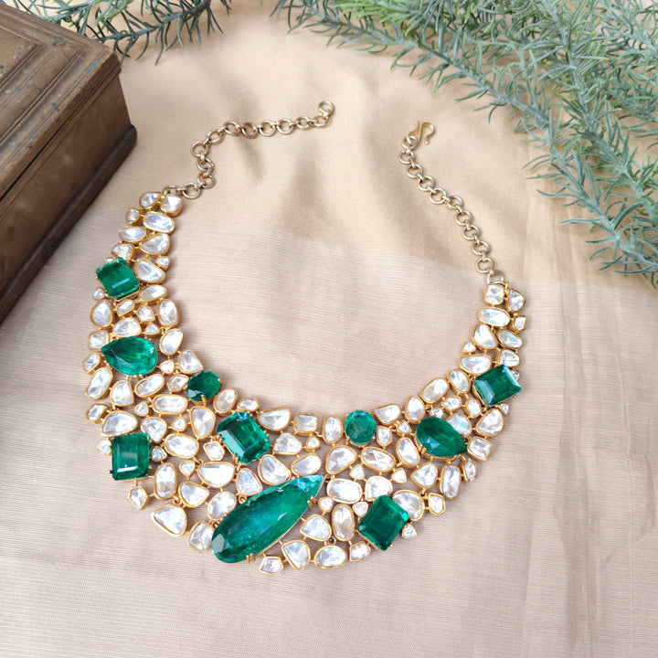 Emerald Kundan Majesty Silver Necklace