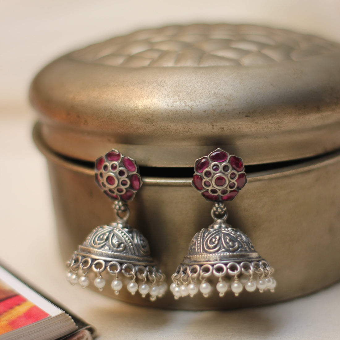 Antique Silver Jhumka Earrings with Red Gemstones