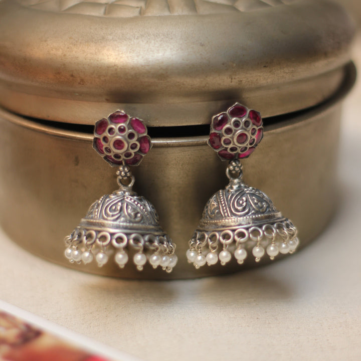 Antique Silver Jhumka Earrings with Red Gemstones