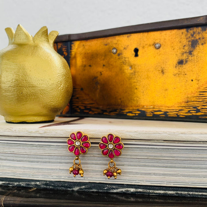 Red Bloom Drop Stud Earrings