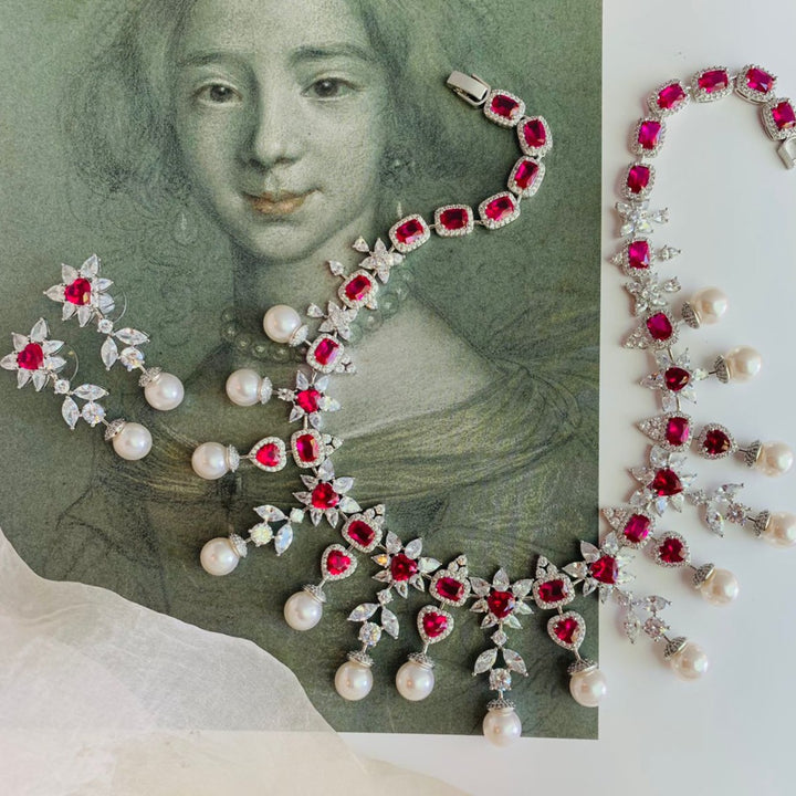 Red White Floral Pearl Drop Necklace Set