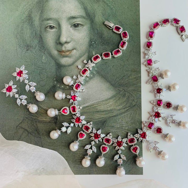 Red White Floral Pearl Drop Necklace Set