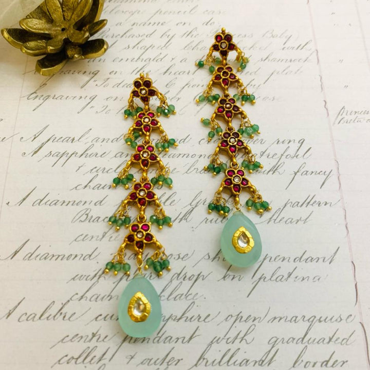 Flower Green Drops with Green beads Earrings