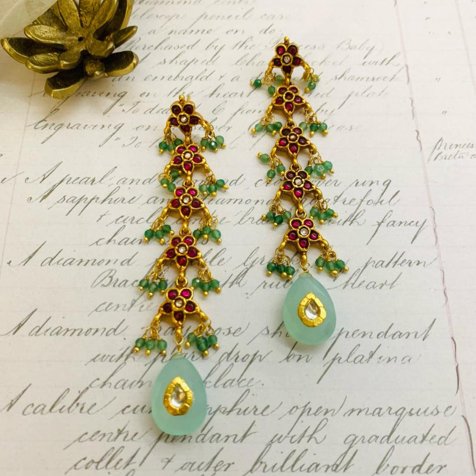 Flower Green Drops with Green beads Earrings