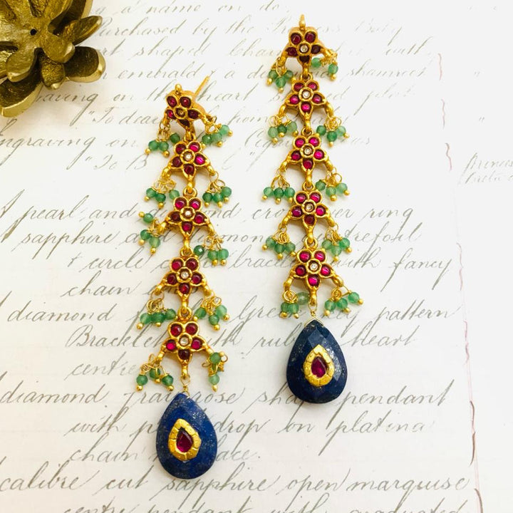 Flower Blue Drops with Green Beads Earrings