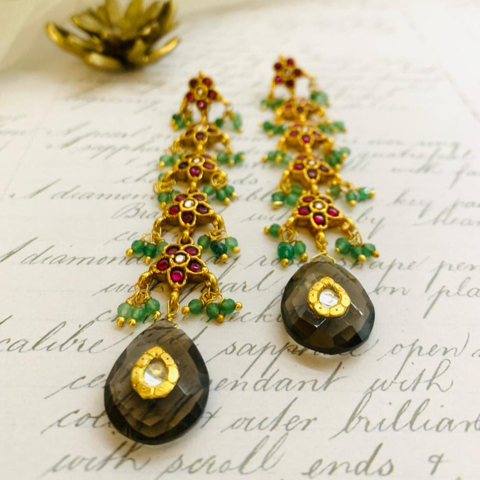 Flower Black Drops with Green Beads Earrings