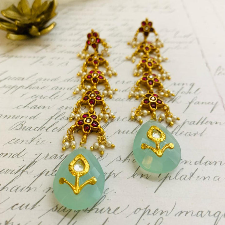 Flower Green Drops with Pearl Earrings