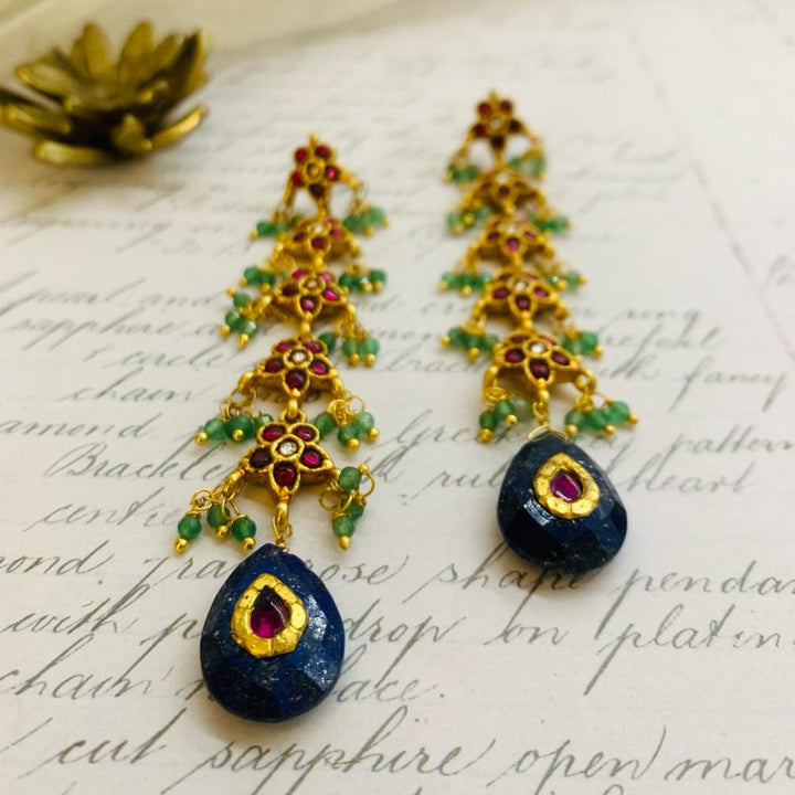 Flower Blue Drops with Green Beads Earrings