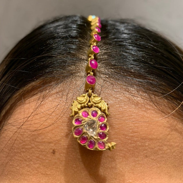 Pink and Gold Leaf Maang Tikka