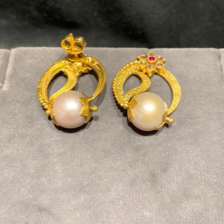 Radiant Pearl and Ruby Gold Earrings