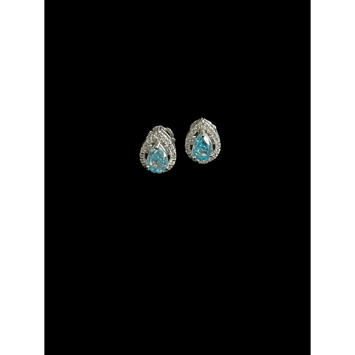 AQUAMARINE PEAR SHAPED STUDS WITH DIA HALO