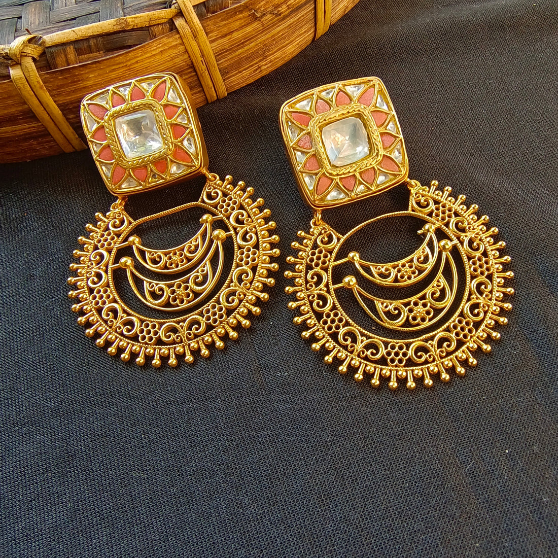 Ruchira Orange Chandbali Earrings