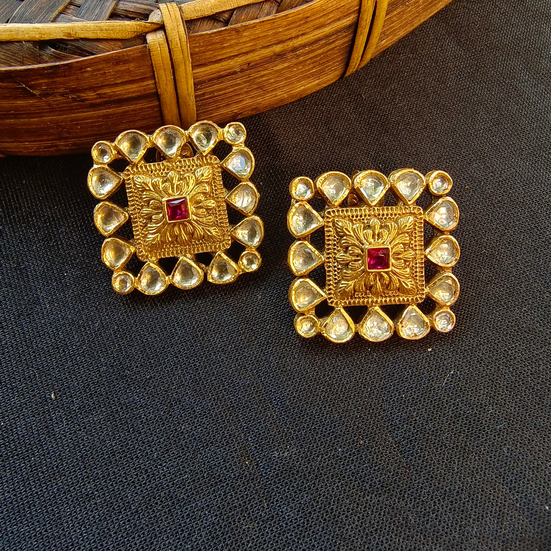 Square Red Stone Studs