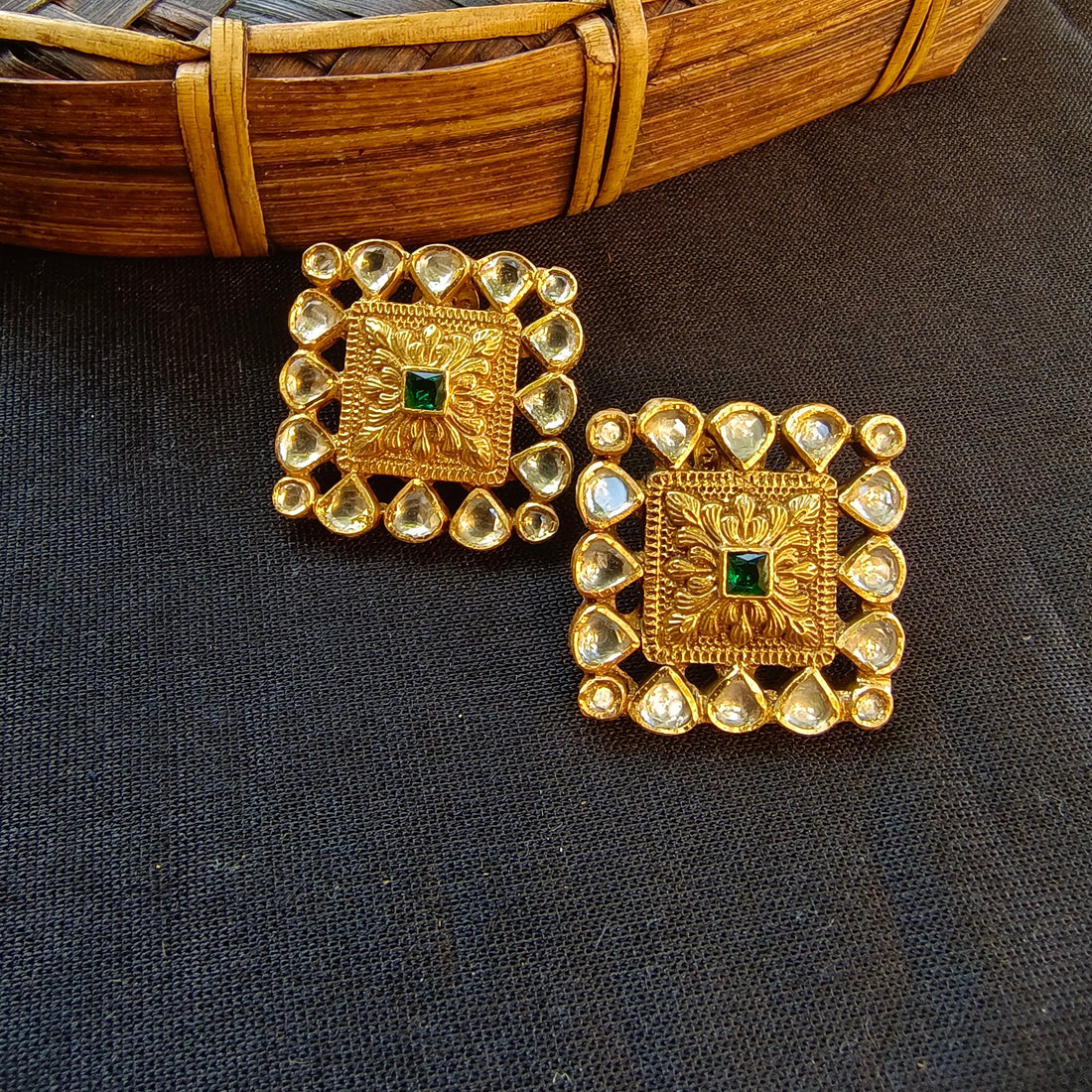 Square Green Stone Studs