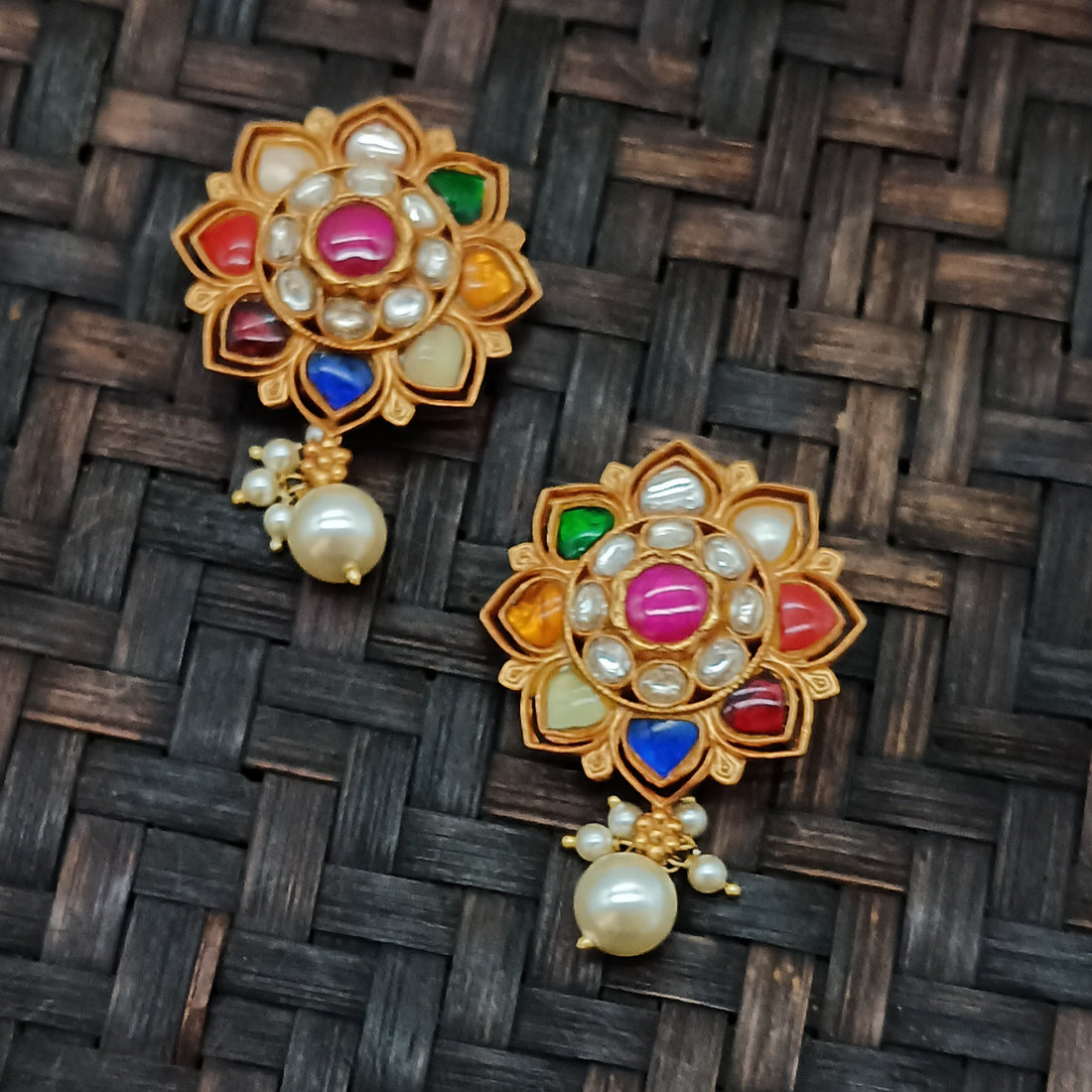 Pearl Drop Nvarathna Studs