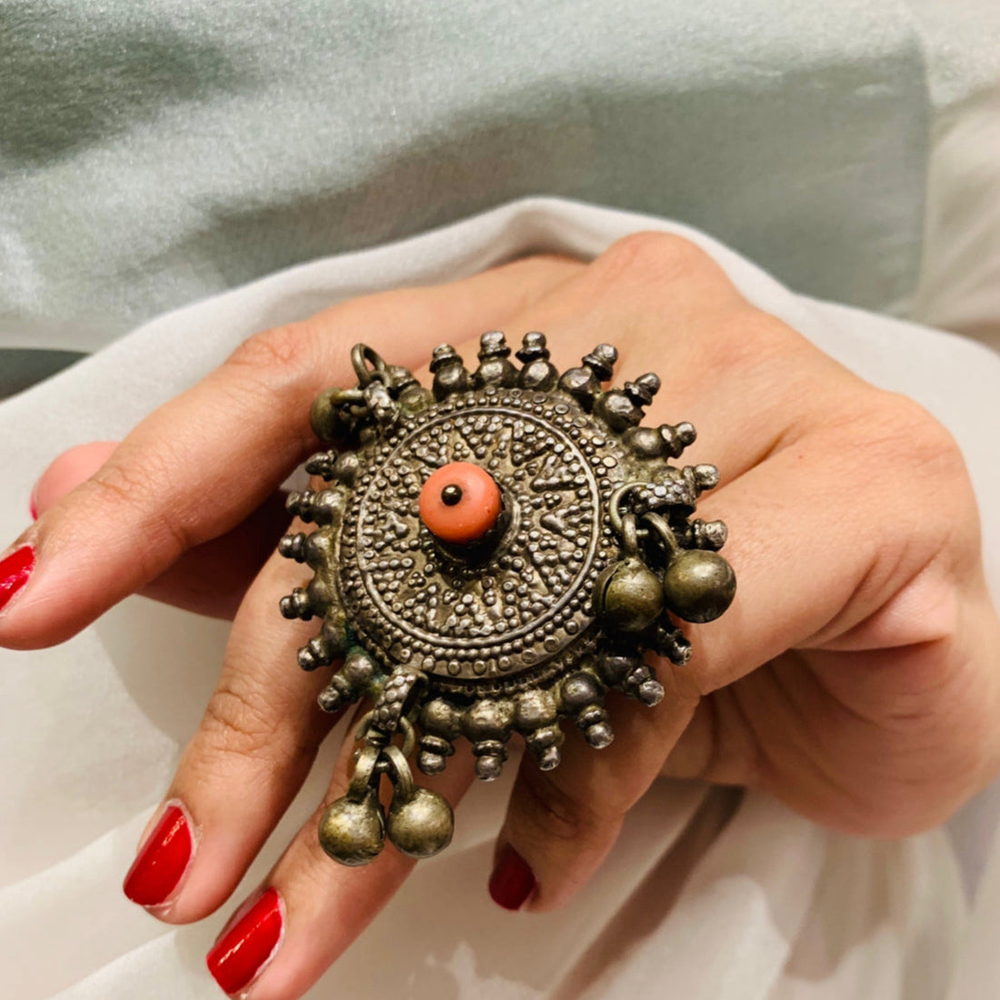 Antique Coral Ghungroo Drop Ring